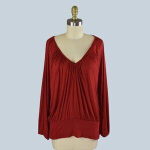 SOFT JOIE BURGUNDY RUCHED V-NECK LONG SLEEVE TOP